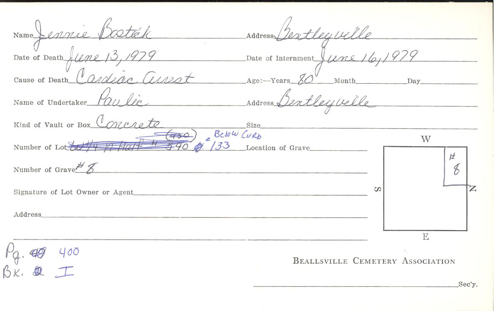 Jennie Bostich burial card
